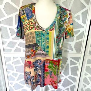 Johnny Was Anika Patchwork Floral V-Neck Swing T-Shirt colorful size S s…